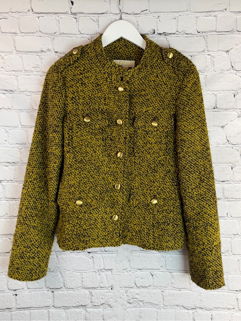 MICHAEL KORS Olive Green Boucle Tweed Jacket Gold Buttons Military